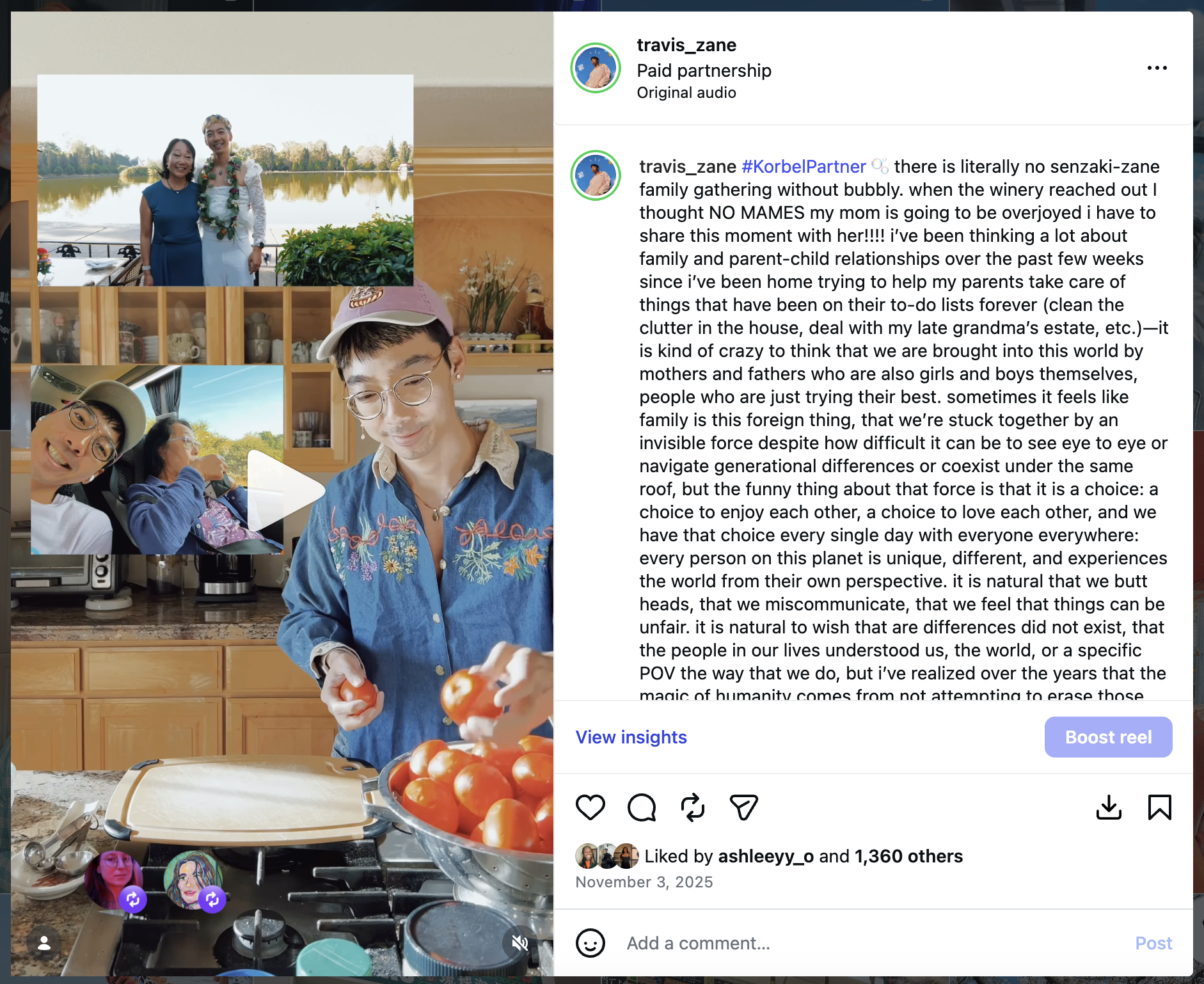 Korbel paid partnership Instagram reel by Travis