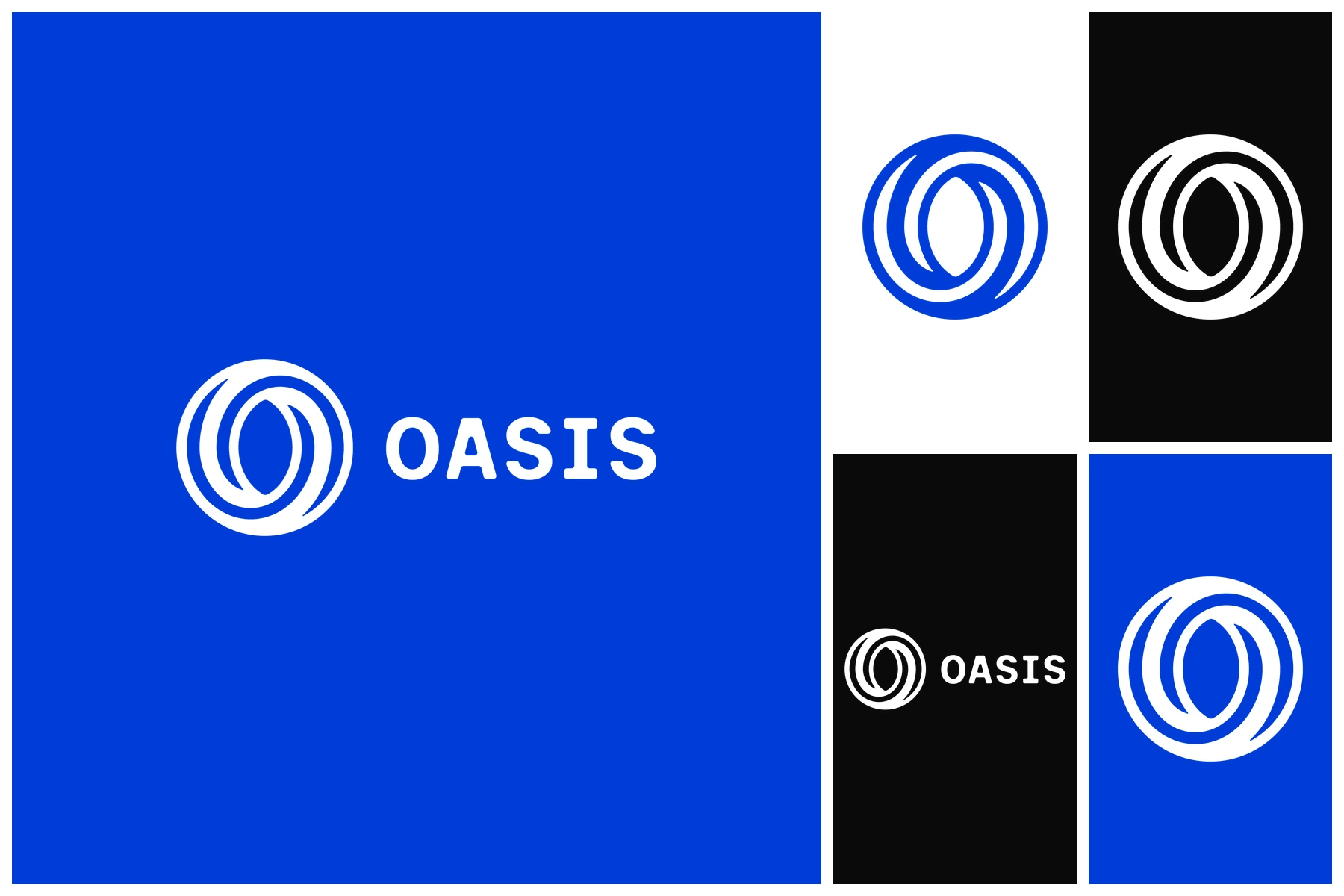 Oasis rebrand — logo and icon system across blue, black, and white treatments
